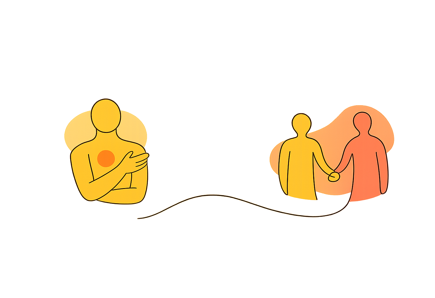 Illustration au trait : une personne la main posée sur le cœur, et deux personnes qui se tiennent la main